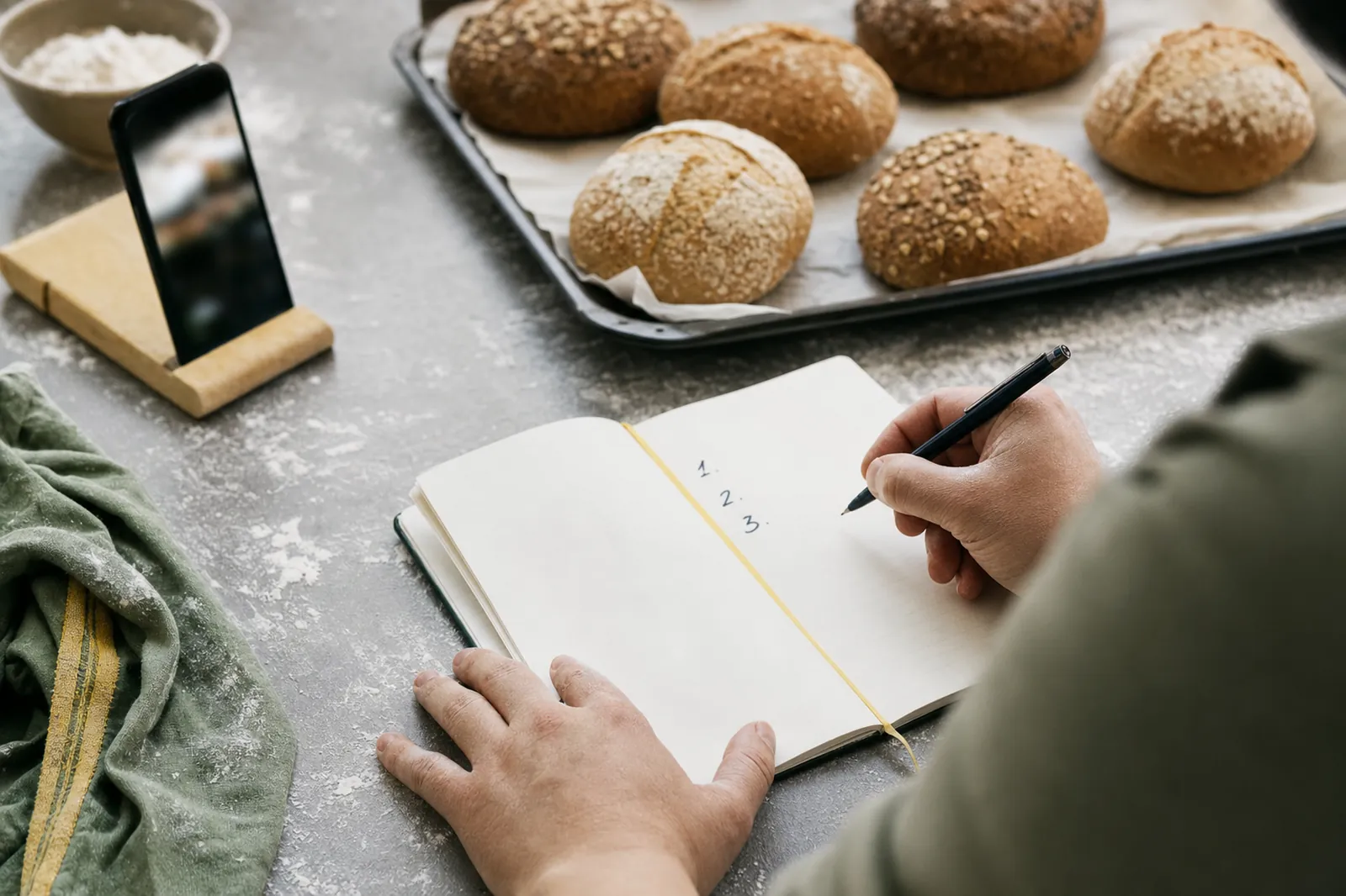 A baker's hands writing a short list in a notebook beside a tray of bread rolls