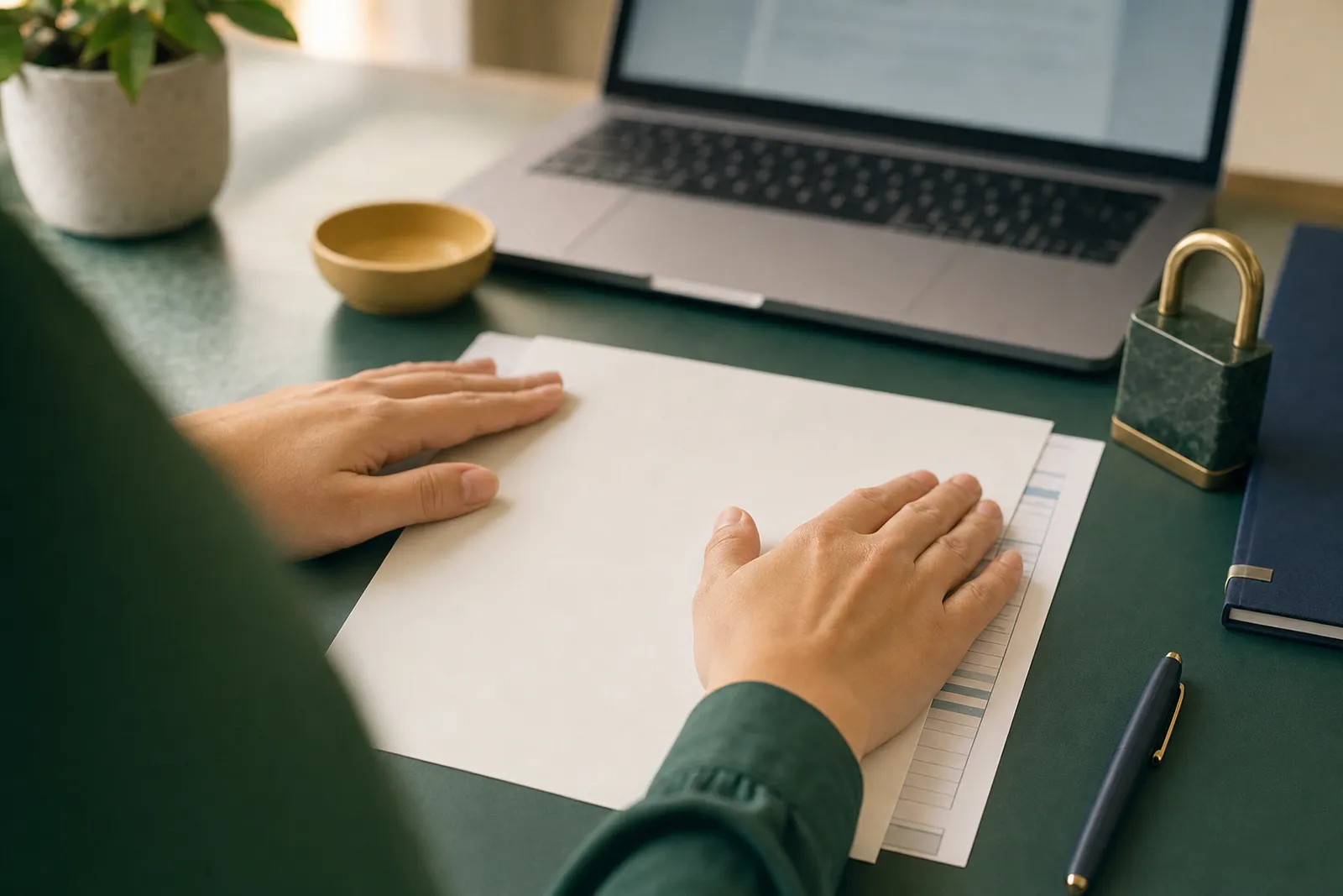 Hands covering part of a printed invoice with a blank sheet of paper on an office desk