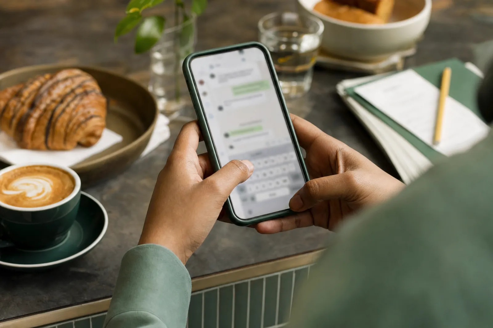 Hands typing on a smartphone over a cafe counter with pastries and coffee